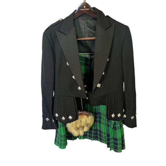 Vintage Scottish Traditional Black Prince Charlie  Kilt Jacket  Green Tartan + - Picture 1 of 16